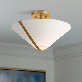 Possini Euro Design Oracle 16" Modern Art Deco Semi Flush-Mount Small Ceiling Light Fixture Kitchen Foyer Hallway Warm Brass Finish White Linen Shade Metal Bedroom Bathroom Entryway Living Room