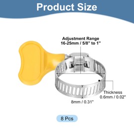 sourcing map 8Pcs Stainless Steel Hose Clamps Worm Gear Hose Clamp, 16-25mm(5/8" to 1") Adjustable Thumb Screw Key Type Clamps Fuel Line Clamps 8mm Bandwidth for Plumbing, Yellow