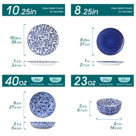 vancasso SELENE Plates and Bowls Set for 6, 24 Pieces Dinnerware Sets, Mircowave and Dishwasher Safe Dishes Set, Porcelain Blue Dinnerware
