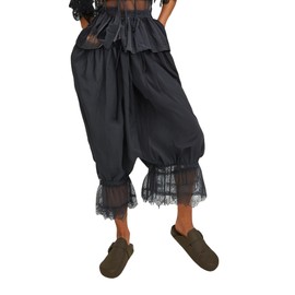Women Lace Long Bloomers Pants Elastic Waist Y2k Ruffle Pettipants Slip Cute Pantaloons Pumpkin Pants(Black,Small)