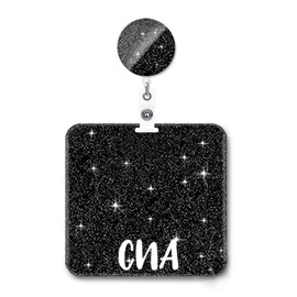 ANDGING CNA Badge Buddy and Reel Set - Black Horizontal Card Holder, Acrylic Glitter Buddies, Retractable Medical ID Reel - Nurse Bling Cards, Nursing Gifts PL52DL58