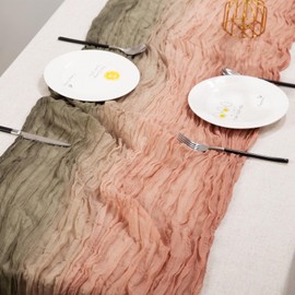 XJJDCB Cheesecloth Table Runner, Gradient-Pink and Green Gauze Table Runner, Widely Use Cheese Cloth Table Runner 120 Inches Long, Versatile Sheer Table Runner with Crinkle, for DIY, Party, Wedding