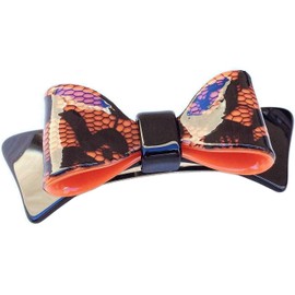 Wardani, large Bow-tie Clip Barrette with tail, Lace finish acetate Handmade in France (ORANGE)