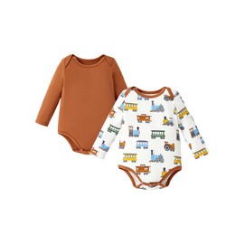 PATPAT Baby Bodysuits - Soft Viscose Made from Bamboo - Long Sleeve Funny for Boys and Girls -Newborn Infant Toddler Gift Clothes- 2 Pack L-Brown Car 3-6 Months