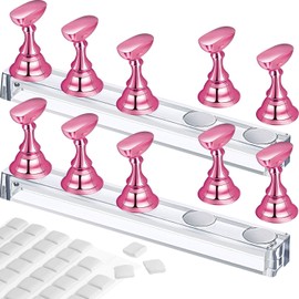 Juego de 2 soportes de práctica de diseño de uñas acrílicas, soportes magnéticos para uñas de entrenamiento, soportes de cristal de uñas de bricolaje y 96 piezas de masilla adhesiva reutilizable blanca (metal rosa rosa)