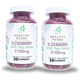 Healthy Herbs Organic Sea Moss Gummies - Concentrated 2100mg Irish Sea Moss + Elderberry Essentials Blend - Advanced Once-Daily Formulation Made with Apple-Extracted Gummy (2-Pack)
