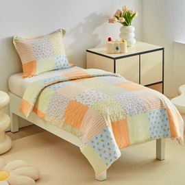 DuShow Floral Bed Duvet Cover Set,Toddler Bedding Set For Boys And Girls,Patchwork Printed Toddler Bed Duvet Cover and Pillowcase Set for All Seasons Orange-120 x 150