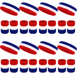 24 Pcs Neon Sweatbands Set Include 8 Pcs Sports Headband and 16 Pcs Cotton Wristbands 80s Neon Sweat Bands Bulk for Gym, Tennis, Basketball, Running, Exercise (Red Blue White)