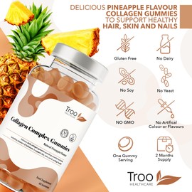 Collagen Complex - 60 Natural Pineapple Flavour Chewable Gummies - One Per Day Hydrolysed Collagen with Biotin, Vitamin C and Selenium - Three Months Supply – Healthy Skin and Hair for Men and Women