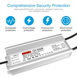 12V 400W LED Power Supply, IP67 Waterproof Outdoor Power Supply, AC 90-140V to DC 12 Volt 33.3A LED Driver, Low Voltage Transformer,Adapter for LED Strip Light, 3D Printer, Computer Project, CCTV