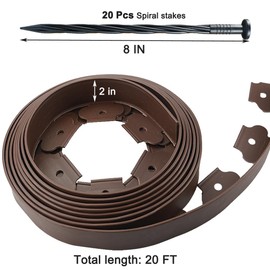 20 Ft Landscape Edging Kit, Brown Garden Border with 20 Plastic Stakes, Landscaping Roll for Flower Bed Lawn Driveway Yard