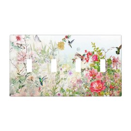Colorful Blossom Spring Floral Flower Bird 4 Gang Quad Toggle Device Light Switch Cover Wall Plate Decorative Electrical Faceplate Large Size Outlet Light Switch Plate