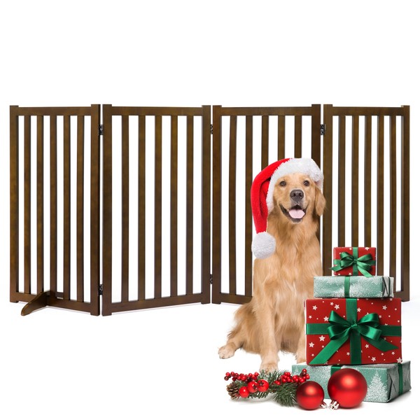36" Height Extra Tall Freestanding Pet Gate, Solid Wood Folding Safety Fence Wooden Dog Gate with 2PCS Support Feet Ideal for Stairs, Doorways, Halls, Kitchens, Heavy Duty Gates, 4 Panels, Walnut