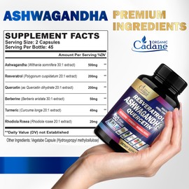 Organic Cadane Ashwagandha Supplements - 6 Premium Ingredients with Resveratrol, Quercetin, Berberine, Turmeric, Rhodiola Rosea - 90 Extract Capsules