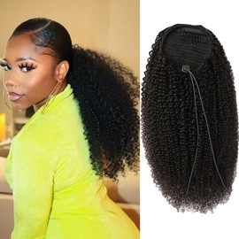 Ponytail Extension Drawstring Human Hair Clip in Pony Tail Hair Extensions for Black Women Curly Wave Thick Hair Natural Looking Hair Pieces Kinky Curly Human Hair Ponytail（16Inch）