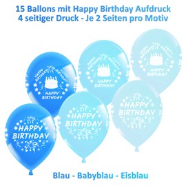 15 Balloons for Boy’s Birthday, Premium, Happy Birthday Balloons, Helium Suitable, Printed on 4 Sides, 3 Colours, Blue, Baby Blue, Ice Blue, 100% Natural Latex, Biodegradable
