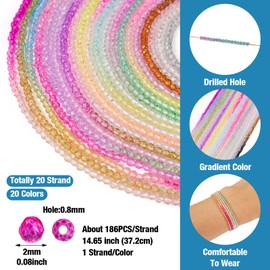 PandaHall 20 Strands 2mm Gradient Round Glass Beads Faceted Crystal Glass Loose Beads for Crafts Bracelet Jewelry Making