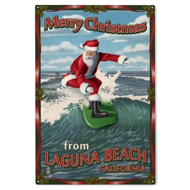 Lantern Press 10x15 Inch Wood Sign, Ready to Hang Wall Decor, Merry Christmas from Laguna Beach, California, Santa Surfing