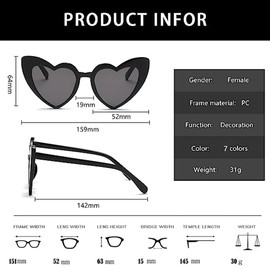 JFAN Party Glasses Heart Sunglasses Retro Sunglasses Heart Shape for Women Party Sunglasses Vintage Fashion Oversized Classic Glasses, Black + white