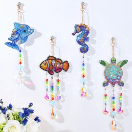Diamond Art Kit for Kids Gifts - 4 Pcs Double Sided Wind Chime, Crystal Rhinestone Painting, Sea Animal Style Hanging Ornament for Home Window Beginners Craft DIY Supplies