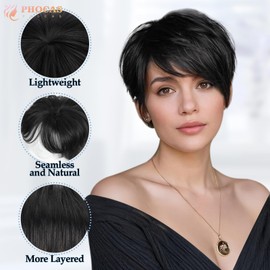 PHOCAS Short Hair Topper Hairpieces for Women with Thinning Hair Topper with Bangs Natural Black Wiglets Hairpieces for Daily Use