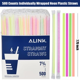 ALINK ALINK 500-Pack Plastic Disposable Drinking Straws Individually Wrapped, Neon Colored Straight Party Straws - 7.75" x 0.23"