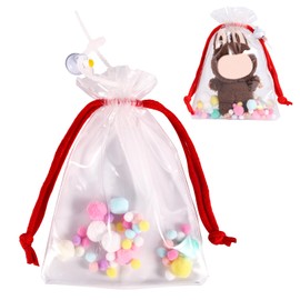 Clear Doll Display Bag, Portable Protective Case with Pom Poms Flower Bell Rope Hanging Carrying Pouch Drawstring Organizer Protector Cover Accessories for Collectibles Figures & Plush (Red-Large)