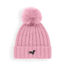 The House Of Dog: Black Dachshund Owner Hat Gift. Faux Fur Pom Pom Chunky Knit Super Soft Unisex Embroidered Beanie Pink