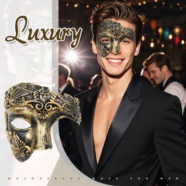 OIDEA Masquerade Mask for Men: Vintage One Eyed Half Face Roman Warrior Phantom of The Opera Mask Prom Costume Mardi Gras Carnival Venetian Masks, Gold