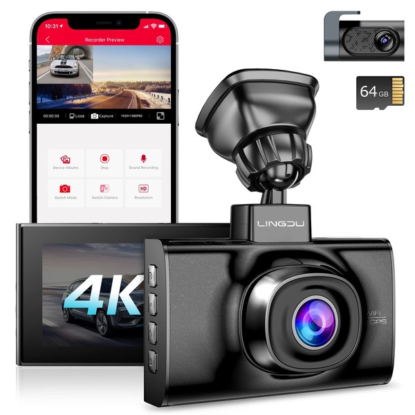 LINGDU LD02-Lite Dash Cam Front and Rear with Free 64GB SD Card, Front 4K/2.5K and Rear 1080P Dual Dash Camera for Cars, Built-in 5GHz Wi-Fi&GPS, Night Vision, Voice Control, WDR, 24H Parking Mode
