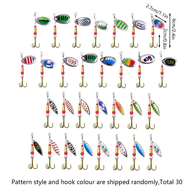 AIMALL 30PCS Spinner Fishing Lure Set with Treble Hooks 2.4in