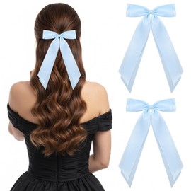 Matwsec 2PCS Blue Hair Bow Light Blue Bows for Hair Ribbon Clip with Tails Barrettes Accessories for Women Girls Wedding Dress Decor