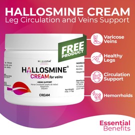 Hallosmine Plus - Blood Circulation & Vein Support Supplement, Diosmin 500mg + Free Vein Cream | Leg Circulation, Visible Veins, Spider Veins, Blood Flow, Swelling & Heavy Legs | 60 capsules
