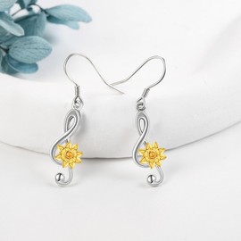 Music Note Earrings 925 Sterling Silver Sunflower Treble Clef Earring Hanging Music Note Jewellery Birthday Gifts for Women Girls Music Lovers, Sterling Silver, No Gemstone