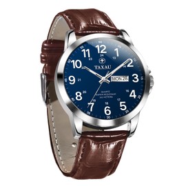 Taxau Leather Watches for Men Brown Wrist Watch Mens Luxury Silver Watch for Men Leather Strap Waterproof Mens Analog Dress Watches Business Classic Large Blue Face with Day and Date