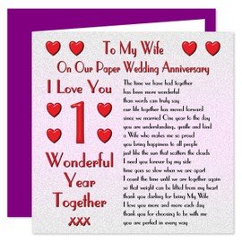 My Wife 1st Wedding Anniversary Card - On Our Paper Anniversary - 1 Year - Sentimental Verse I Love You