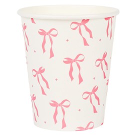 Elyxio 100Pcs Pink Bow Paper Cups Bowknot Party Cups 9oz Pink and White Disposable Coffee Cups for Birthday Bachelorette Wedding Birthday Bridal Baby Shower Party Supplies