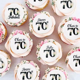 40Pcs Edible Circle Happy 70th Birthday Cupcake Toppers Edible Floral Hello 70 Fabulous Cheers to 70 Cupcake Picks Drink Toppers for Funny Female Floral 70th Birthday Party Decorations