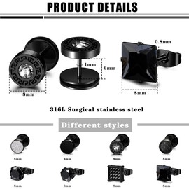 ORAZIO 8 Pairs Stainless Steel Black CZ Stud Earrings Set for Men Women Silver Cubic Zirconia Barbell Earrings（Black）
