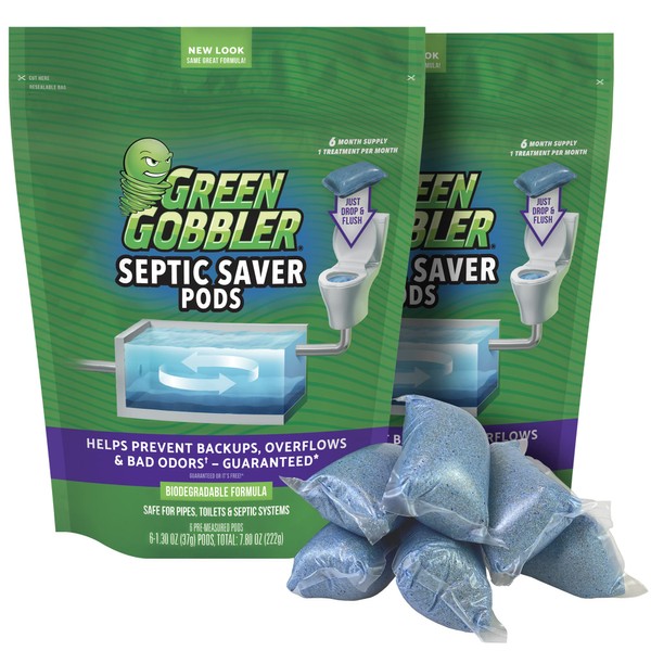 Green Gobbler Septic Tank Treatment Packets, 12 Month Supply - Natural Bacteria to Prevent Costly Septic Issues, Back-Ups, Foul Odor