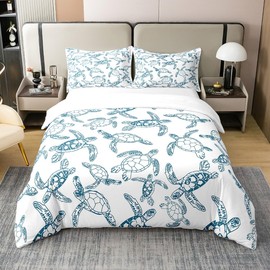 Feelyou Kids Sea Turtle Duvet Cover 100% Cotton Queen Size Ocean Bedding Set for Boys Girls Teens Bedroom Decor Reptile Tortoise Comforter Cover Set Cyan Blue Bedspread Cover (No Comforter)