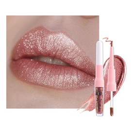 2-in-1 Nude Gold Metallic Lipstick and Lip Liner Makeup, Shimmer Liquid Metallic Lipsticks for Women, Glitter Lip Gloss Stain Long Lasting Waterproof Smudge Proof 24 Hour, Cruelty-Free 27