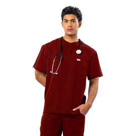 Peelz Karl Henley 2-Pocket Scrub Top for Men - Soft Stretch Fabric Men's Scrub Tops, 3-Button Design, Comfort Fit, Burgundy, X-Large