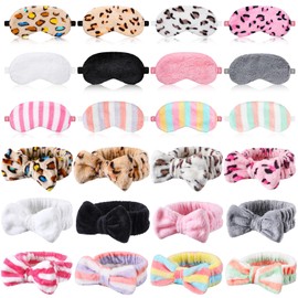 Xuhal 24 Pcs Spa Sleepover Party Favors Supplies Plush Headband and Eye Mask for Women Soft Makeup Washing Face Sleep Hair Bands for Girl Gift Birthday Stuff(Spotted, Stripes and Solid)
