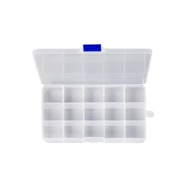YoiYee 15-Grid Transparent Jewellery Organizers Box with Adjustable Dividers - Small Clear Plastic Storage Boxes for Jewelry, Cosmetics, Crafts, Hair Accessories (Blue Buckle), Pack of 2