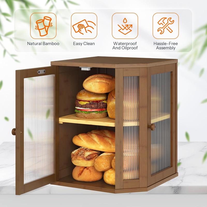 Bread Box, Bamboo Bread Box for Kitchen Countertop, 2-Tier Corner