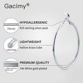 Gacimy Medium Silver Hoop Earrings for Women 14K White Gold Plated, 925 Sterling Silver Post Gold hoops for Women, 30mm White Gold Medium Hoop Earrings for Women