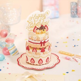 volumoon Geburtstagskarte, Birthday Cards, 3D-Pop-Up-Karten Erdbeerkuchenkarte, Lustiges Buntes Kuchen-Design, Geburtstagskarte Pop Up, Erdbeerkuchenkarte mit Umschlag und Band für Freundin, Kinder