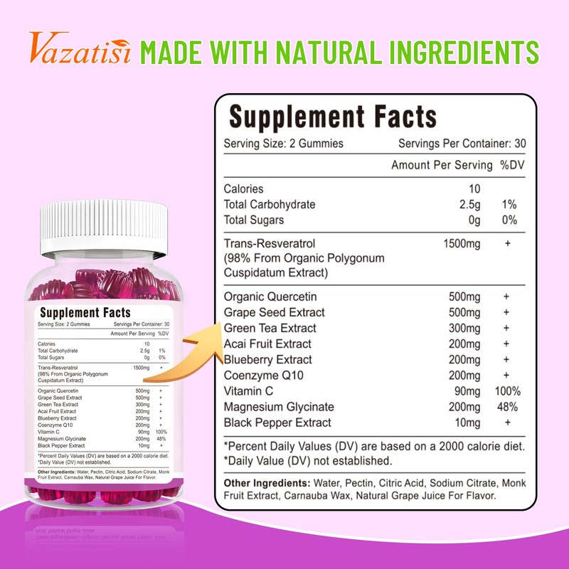High Purity Resveratrol Gummies, 98% Trans-Resveratrol with Quercetin, Coq 10,