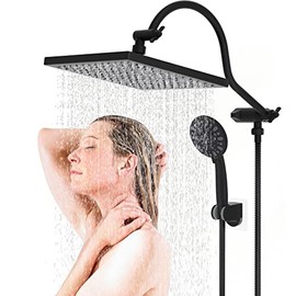 Hibbent 10 Inch High Pressure Rainfall Shower Head / Handheld Showerhead Combo with 12 Inch Adjustable Curved Shower Extension Arm,7-Spray,71-inch Hose Adhesive Showerhead Holder,Matte Black